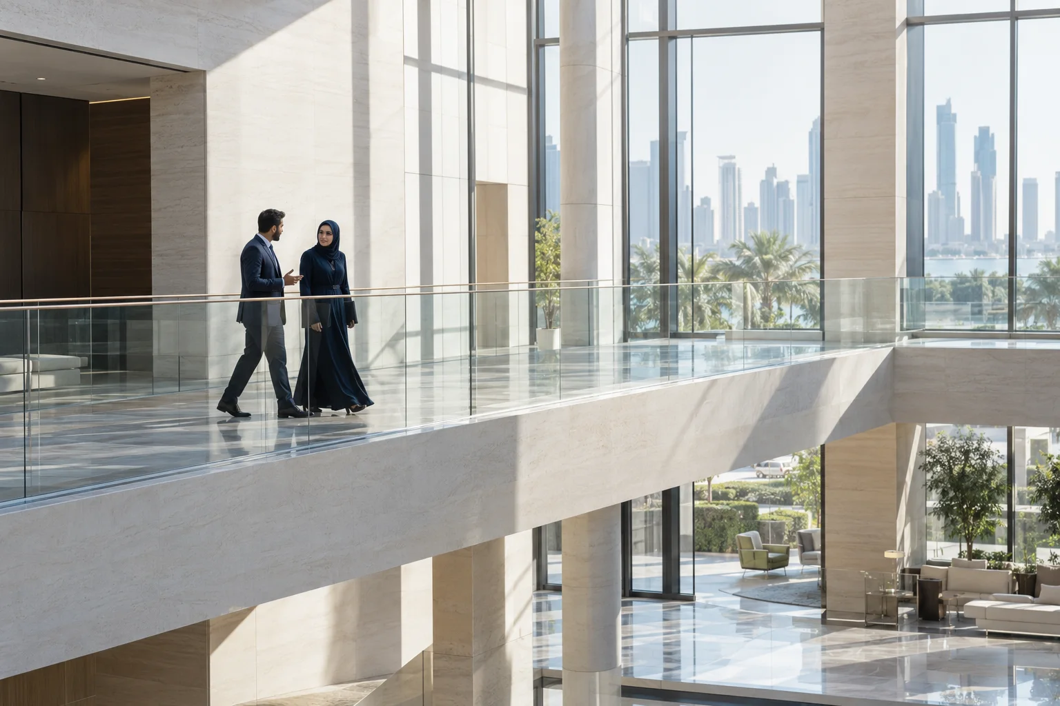 Professionals walking through a spacious contemporary office atrium