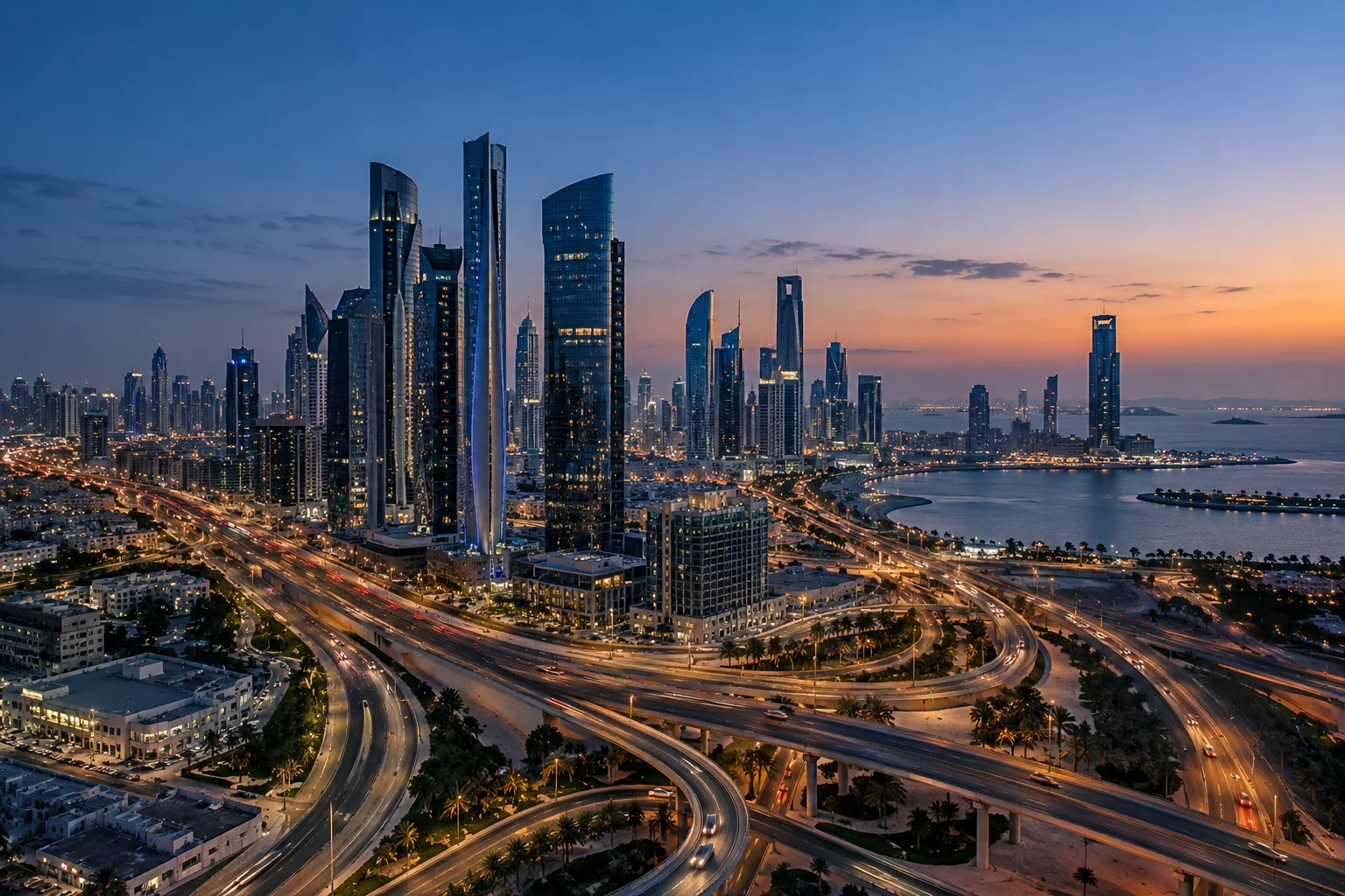 A Gulf city skyline and transport interchange at blue hour