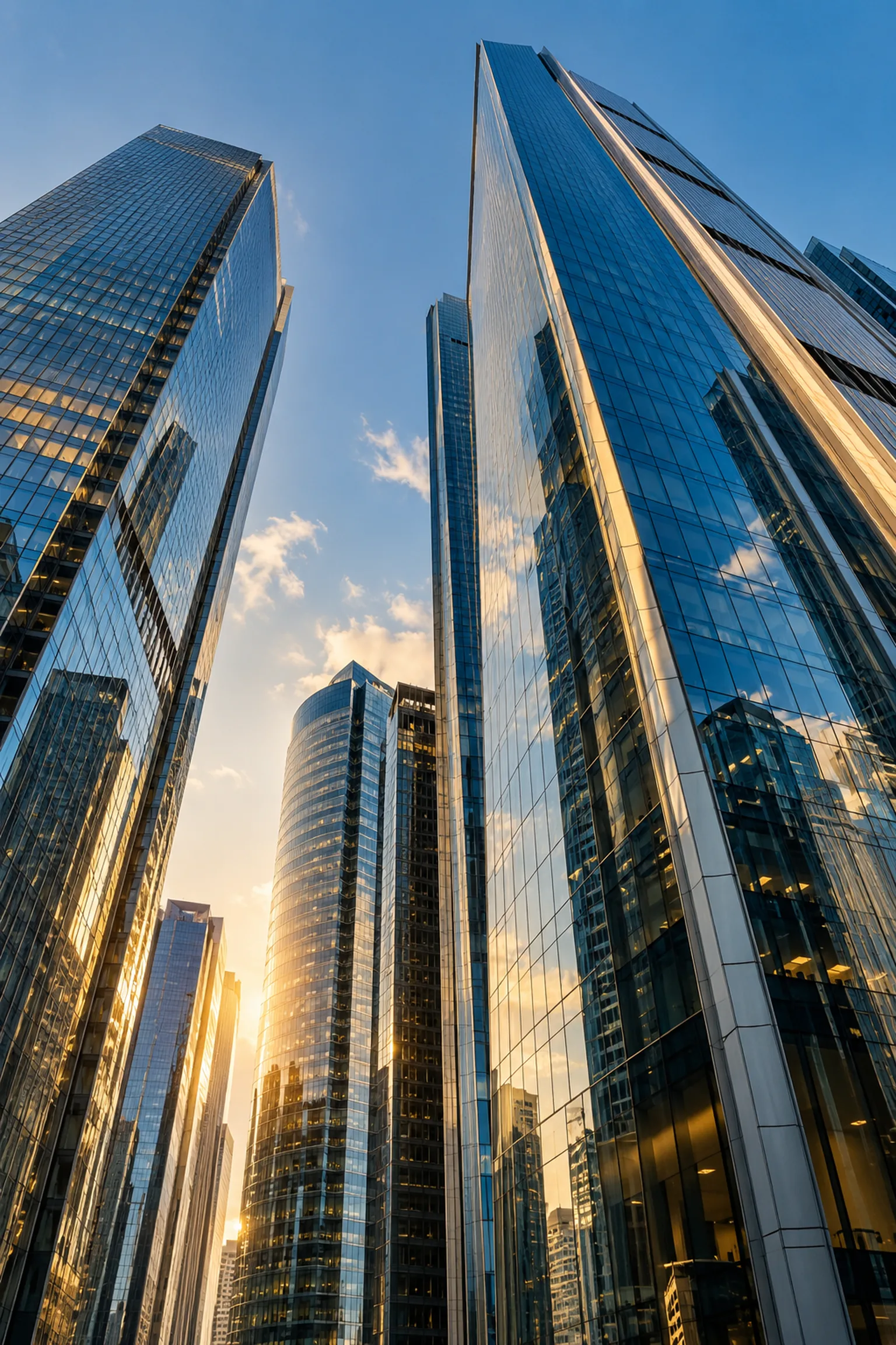Glass office towers rising into a clear blue sky in warm sunlight