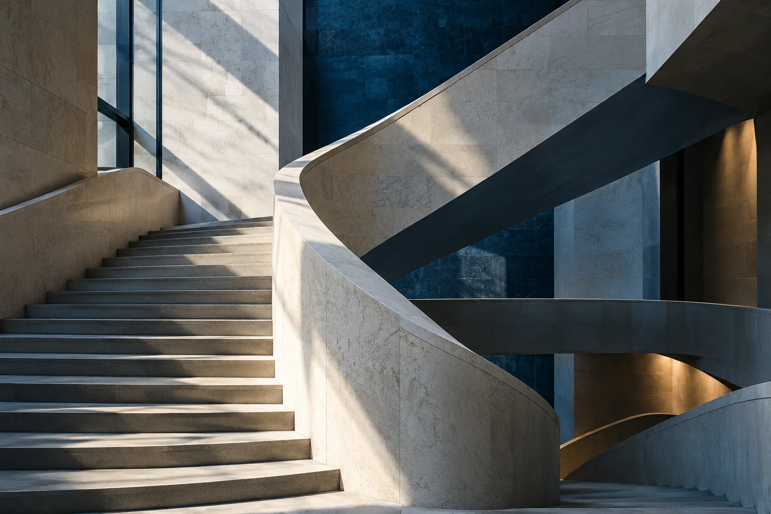 Intersecting staircases and pale stone surfaces in a contemporary interior