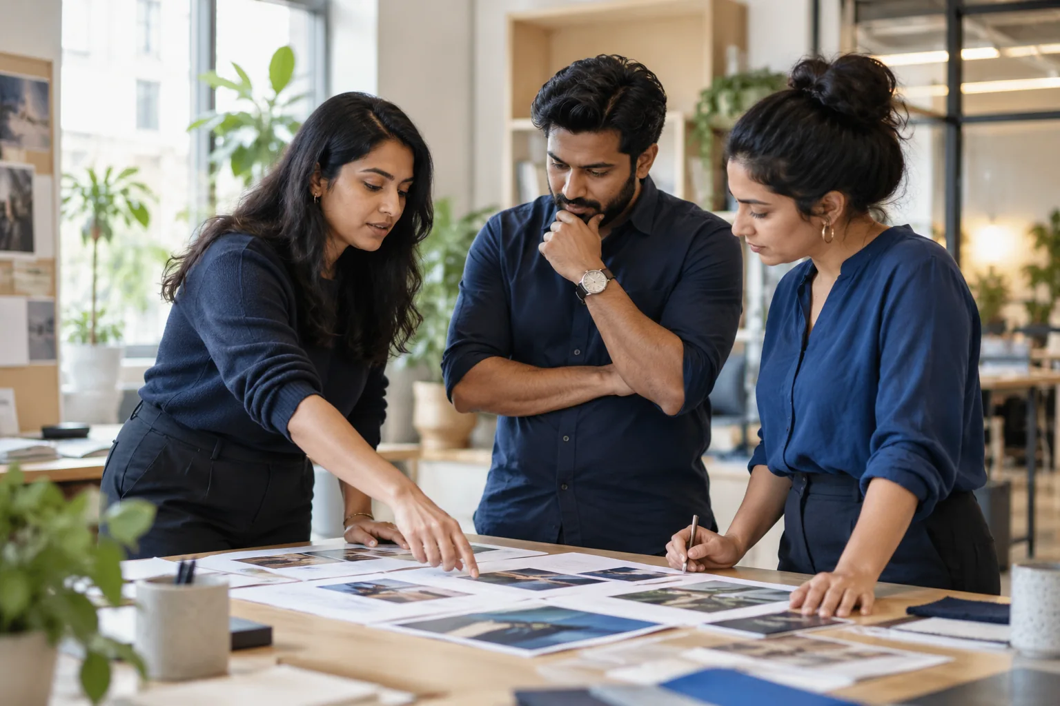 Colleagues reviewing work together in a bright office