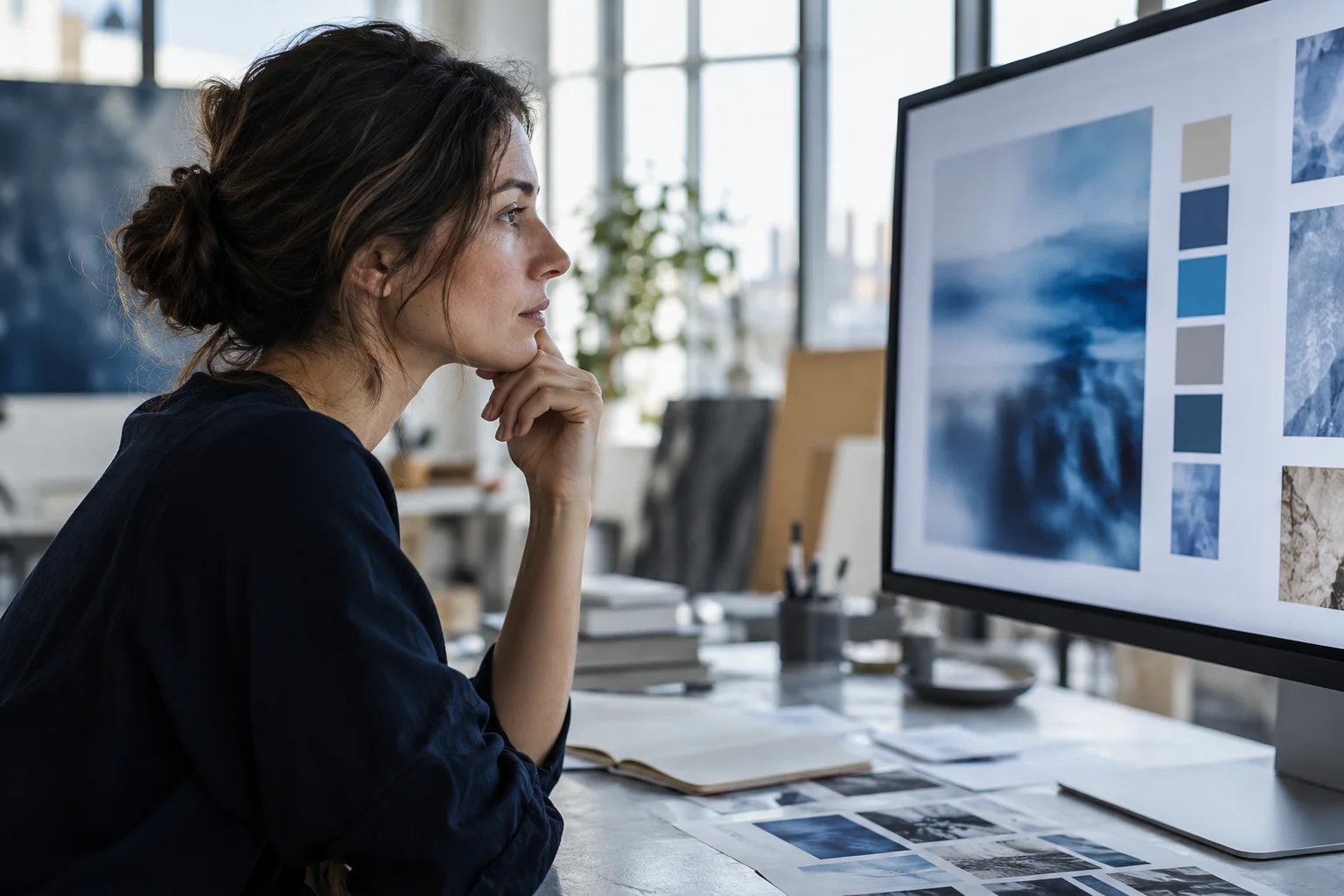 Creative strategist considering digital campaign layouts in a contemporary studio