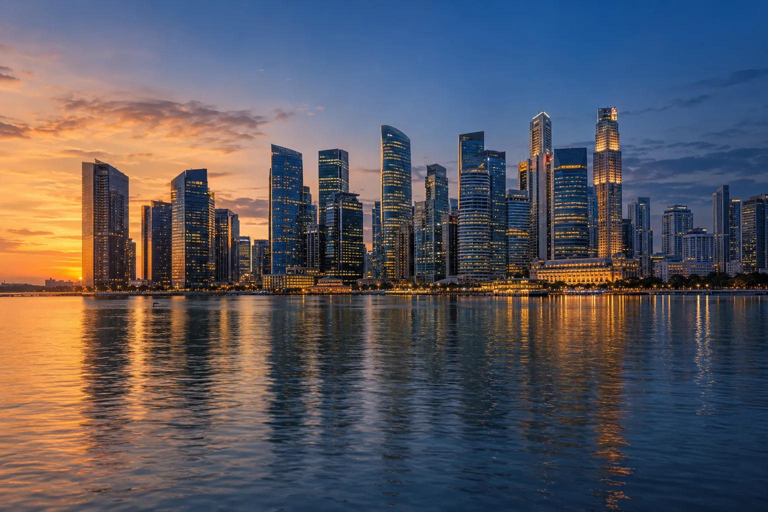 A waterfront business district with illuminated commercial towers at dusk