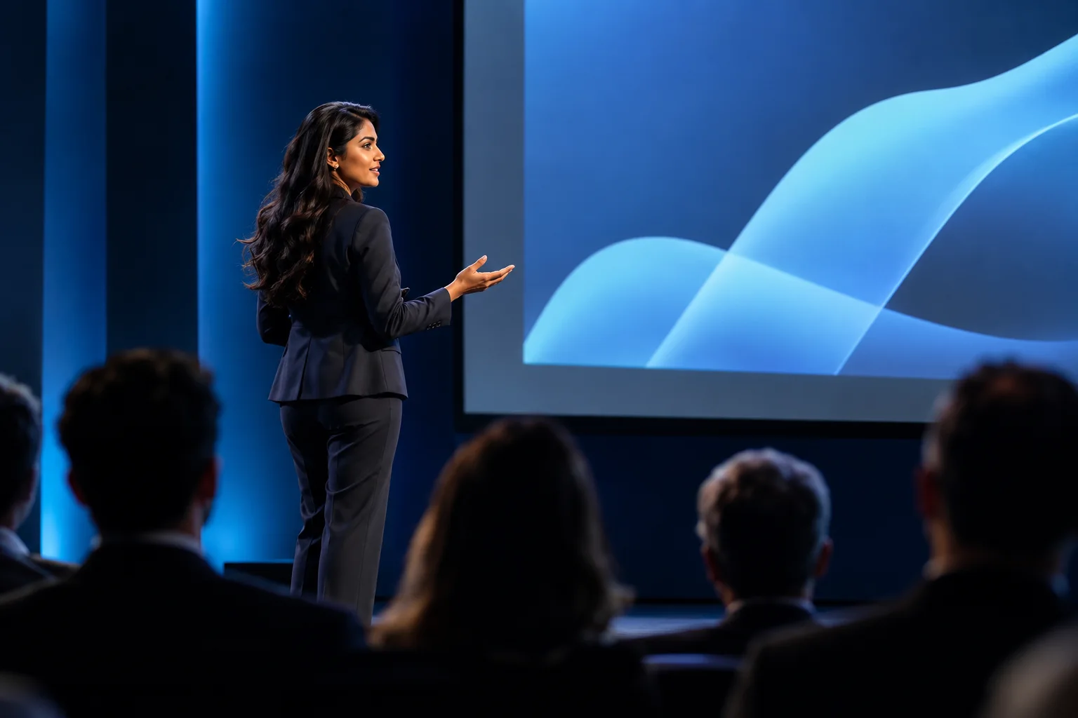 A presenter addressing an executive audience in a contemporary auditorium