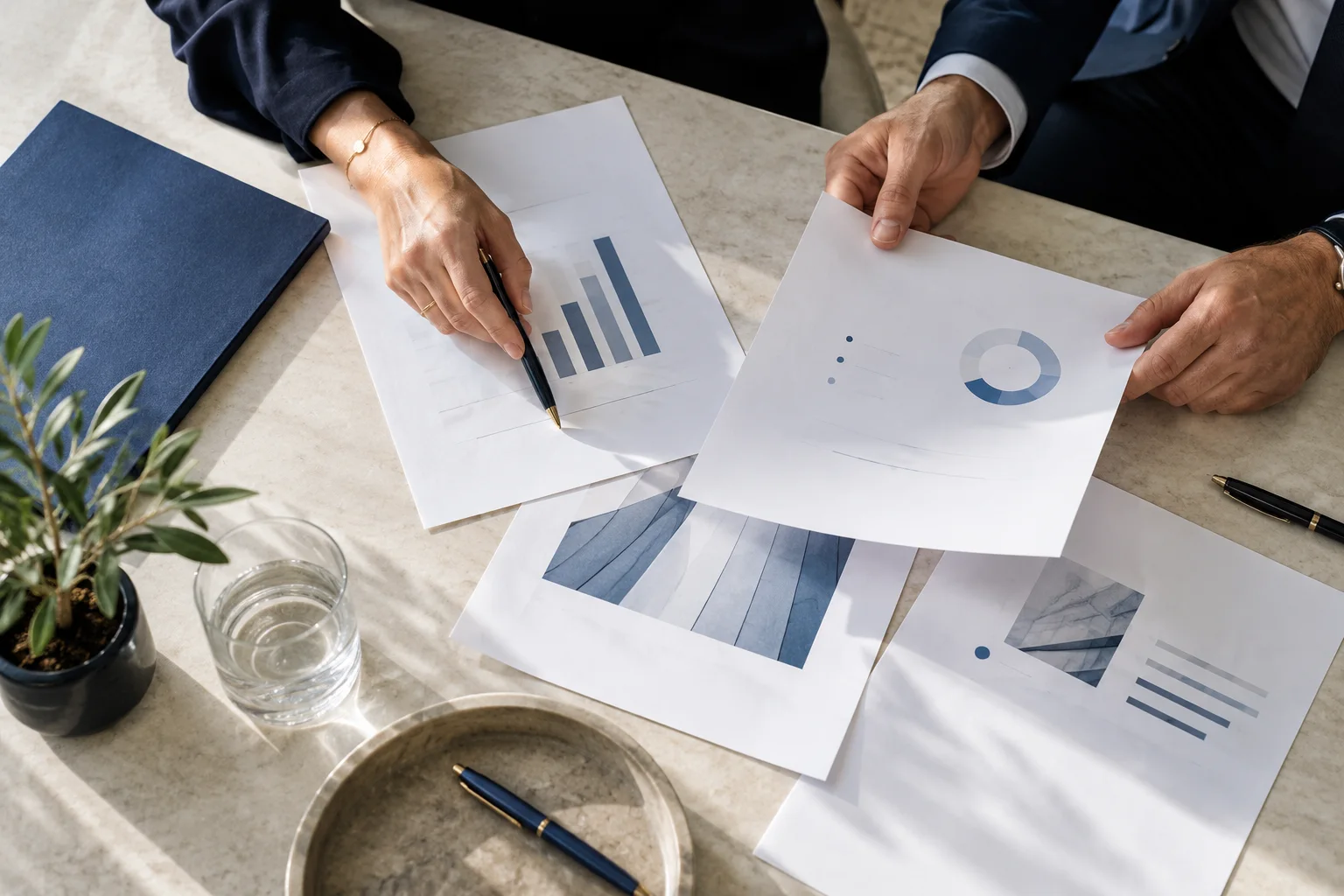 Hands arranging proposal pages and a blue folder on a light desk
