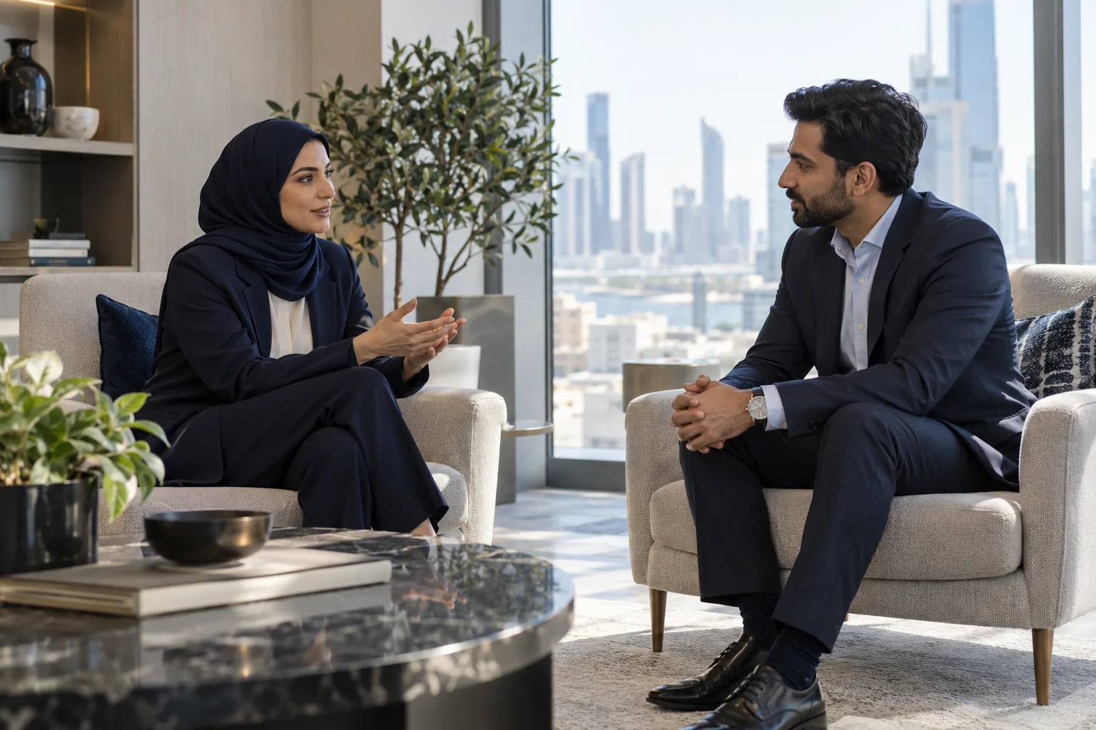 Two professionals in an attentive one-to-one interview