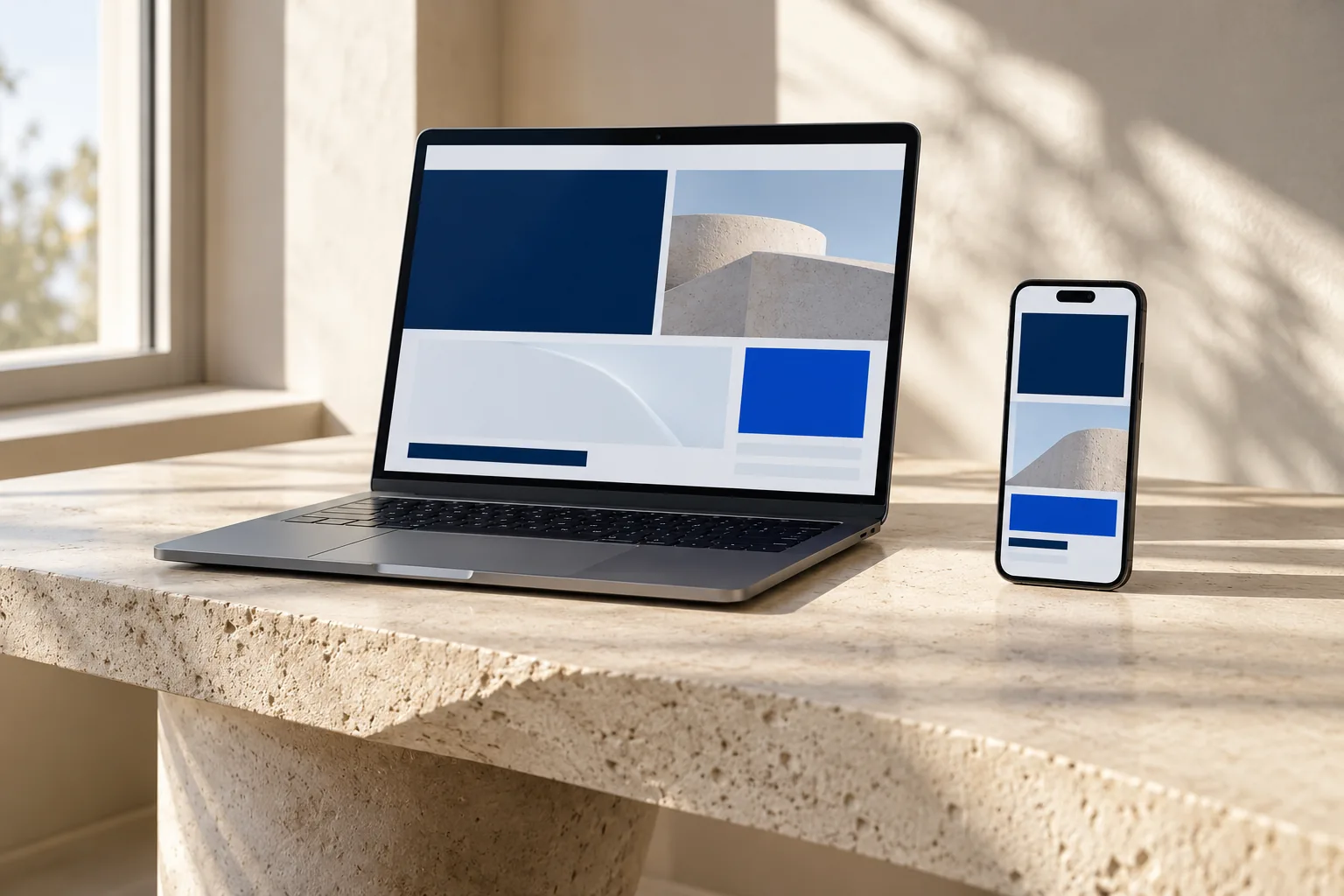 A laptop and smartphone displaying coordinated website layouts on a sunlit desk